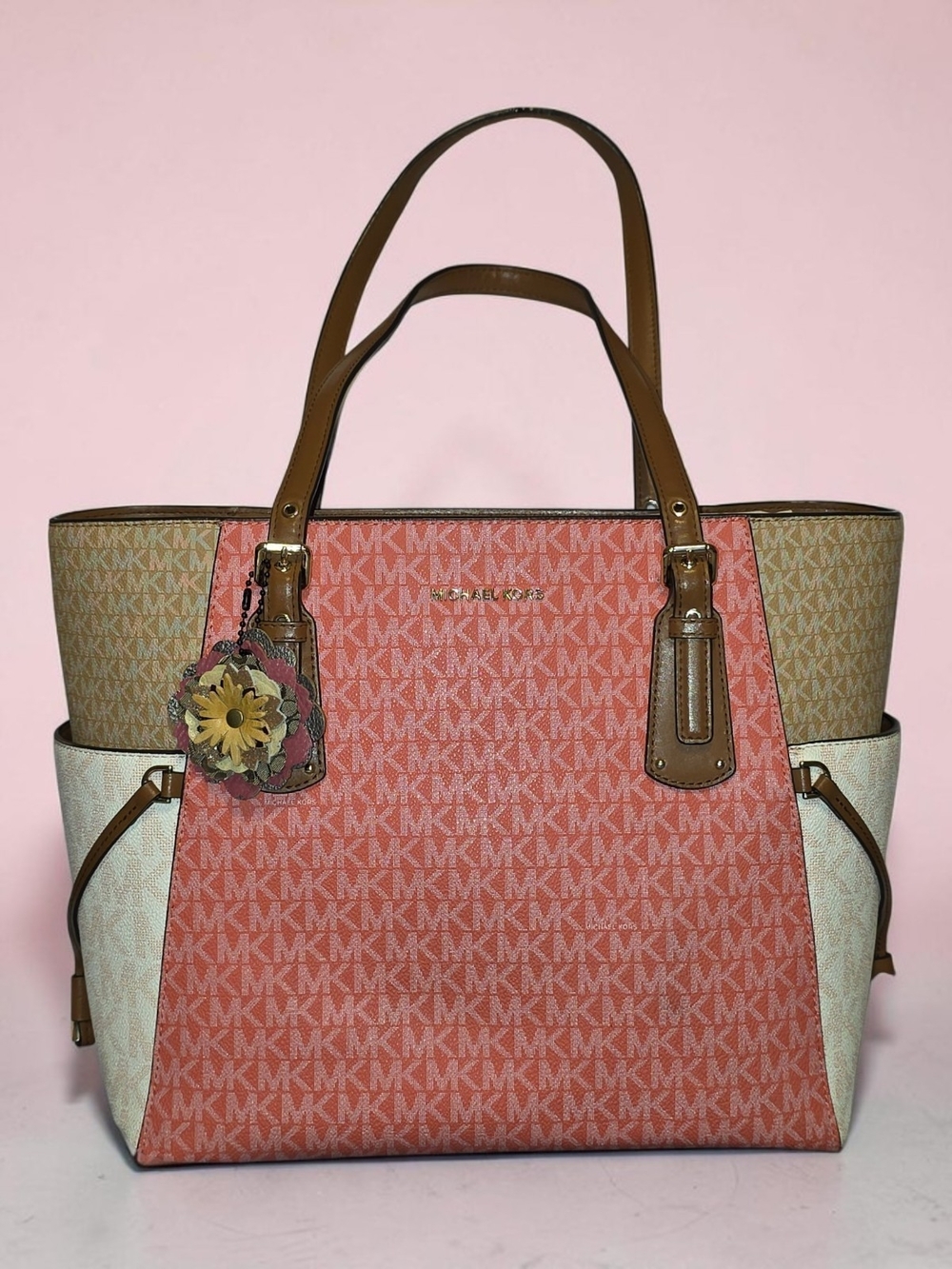 Michael Kors Voyager Large Color-Block Signature Logo Tote Bag-EUC